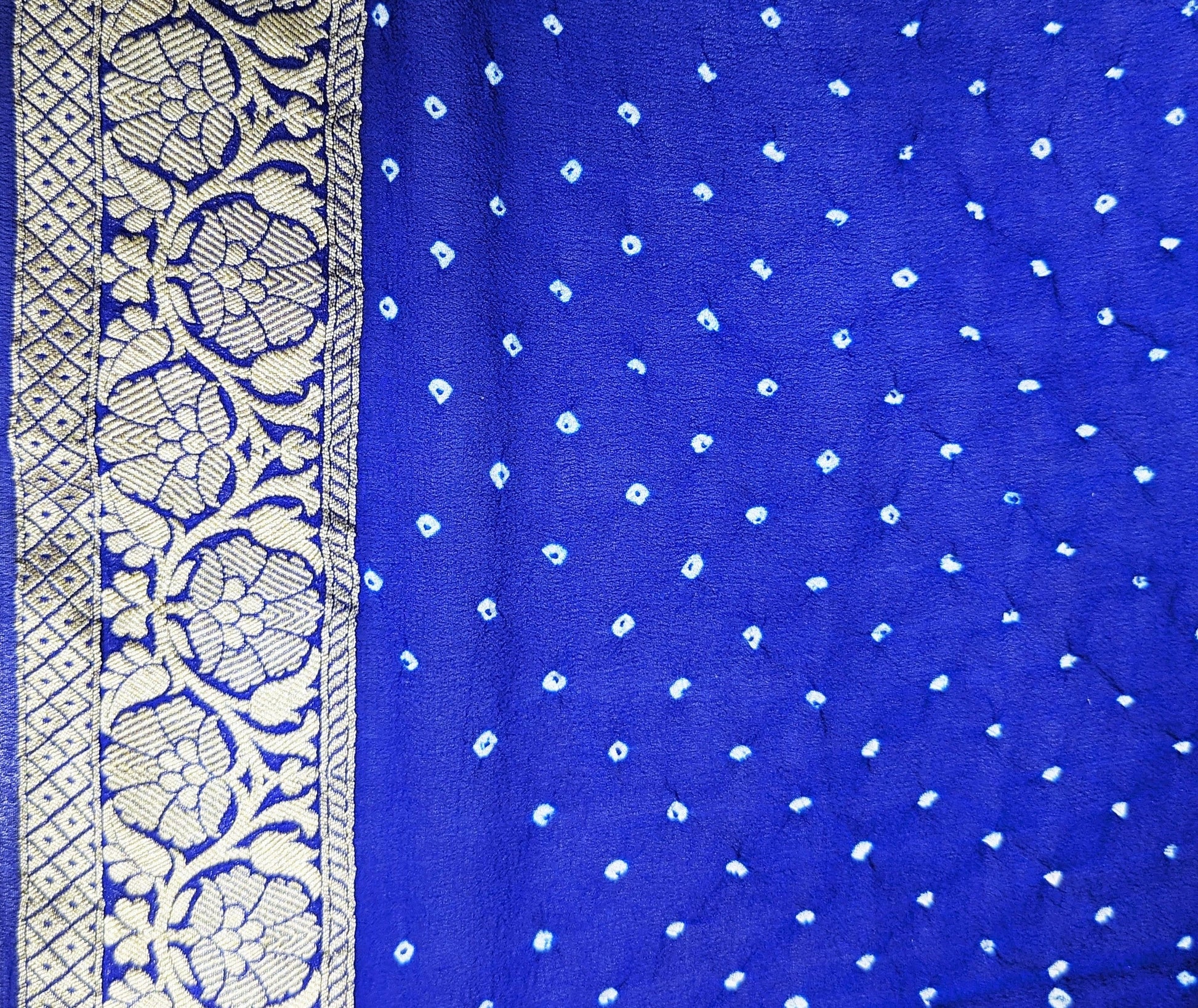 Pure Banarasi Khaddi Georgette Bandhej Saree In Shades Of Rama Royal Blue Bandhej Bharat Silk House