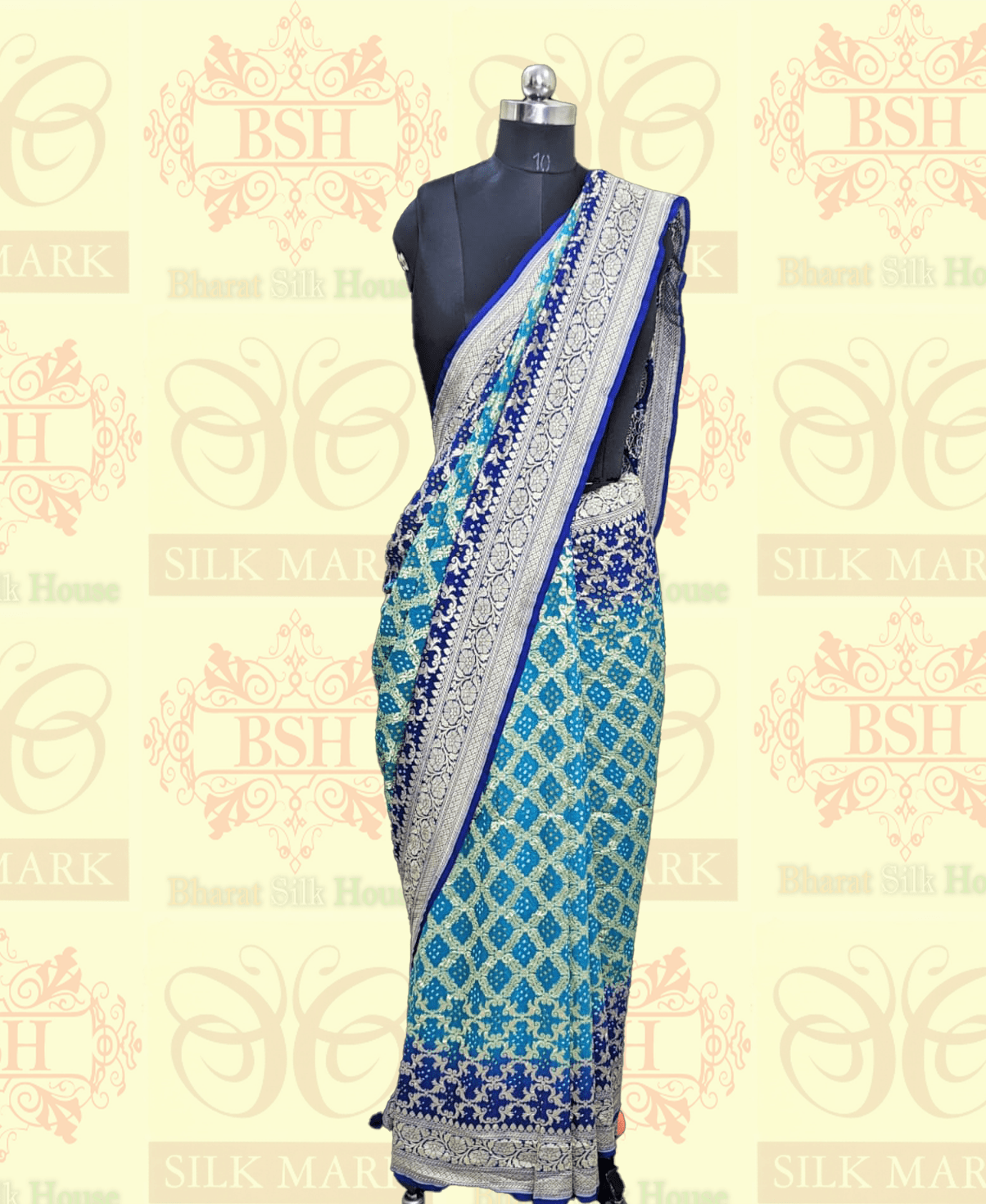 Pure Banarasi Khaddi Georgette Bandhej Saree In Shades Of Rama Royal Blue Bandhej Bharat Silk House