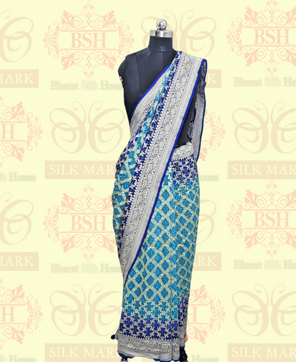 Pure Banarasi Khaddi Georgette Bandhej Saree In Shades Of Rama Royal Blue Bandhej Bharat Silk House