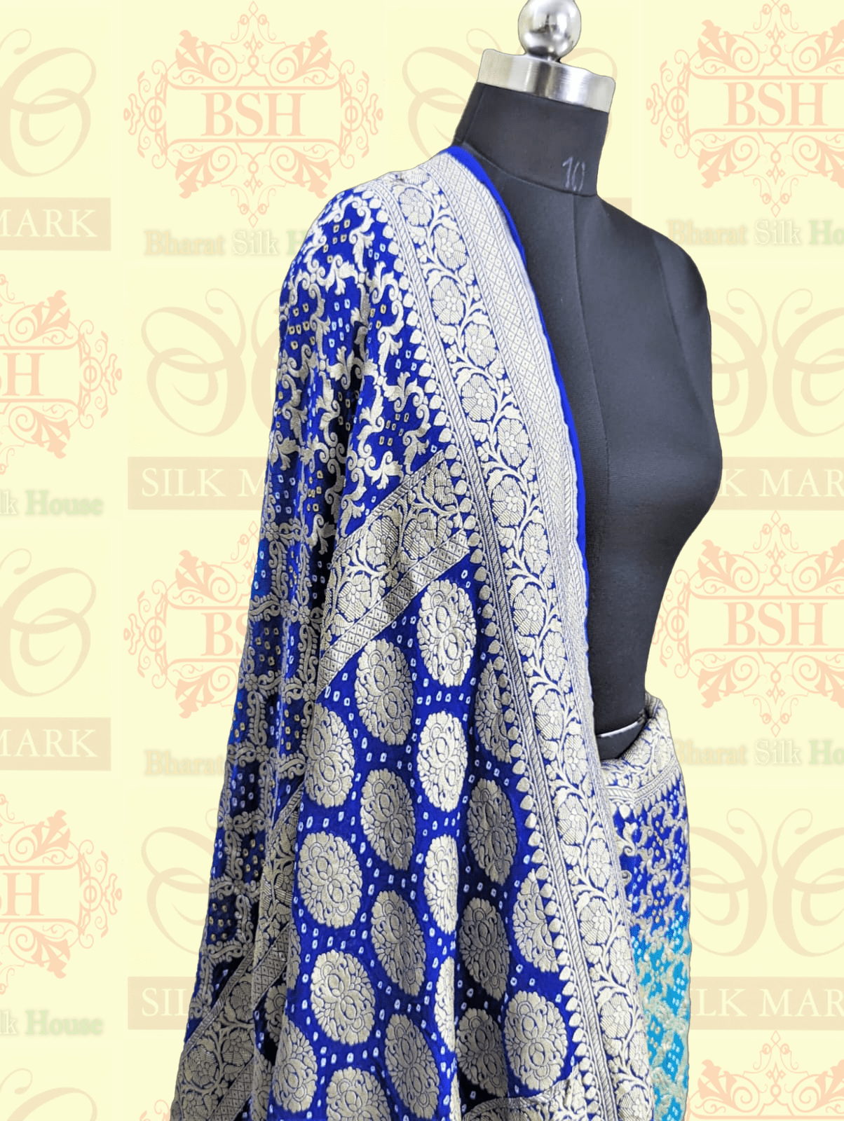 Pure Banarasi Khaddi Georgette Bandhej Saree In Shades Of Rama Royal Blue Bandhej Bharat Silk House