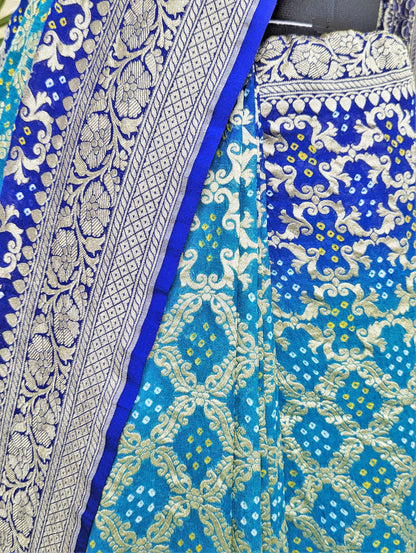 Pure Banarasi Khaddi Georgette Bandhej Saree In Shades Of Rama Royal Blue Bandhej Bharat Silk House