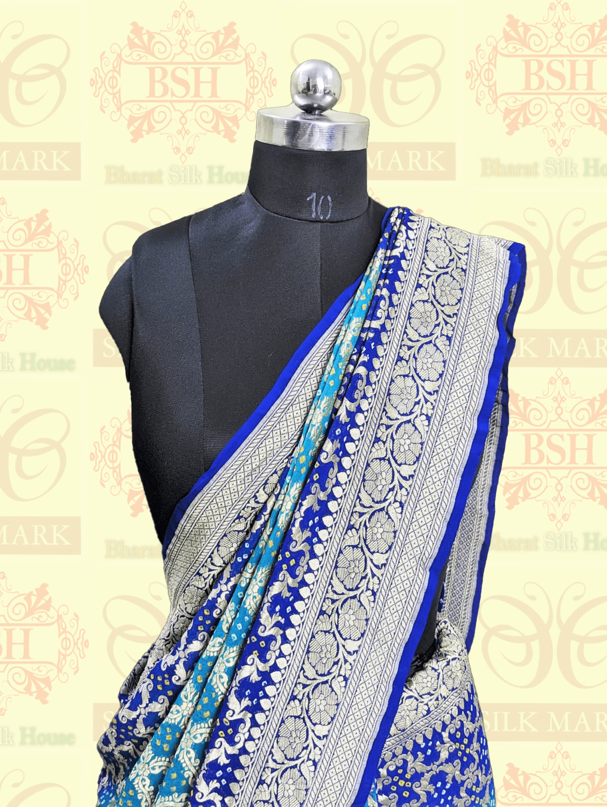 Pure Banarasi Khaddi Georgette Bandhej Saree In Shades Of Rama Royal Blue Bandhej Bharat Silk House