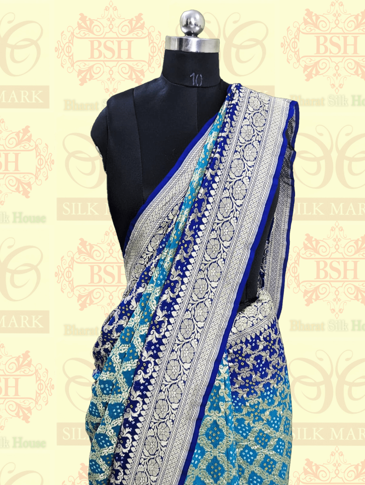 Pure Banarasi Khaddi Georgette Bandhej Saree In Shades Of Rama Royal Blue Bandhej Bharat Silk House