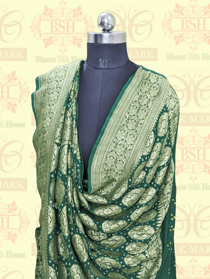 Pure Georgette Banarasi Bandhani Handloom Saree In Dual  Shades Of Green Bandhej Bharat Silk House