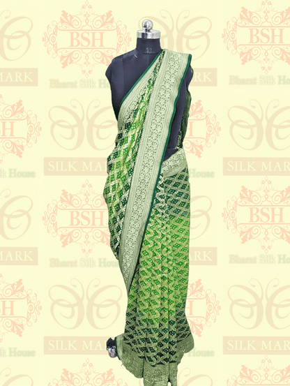 Pure Georgette Banarasi Bandhani Handloom Saree In Dual  Shades Of Green Bandhej Bharat Silk House