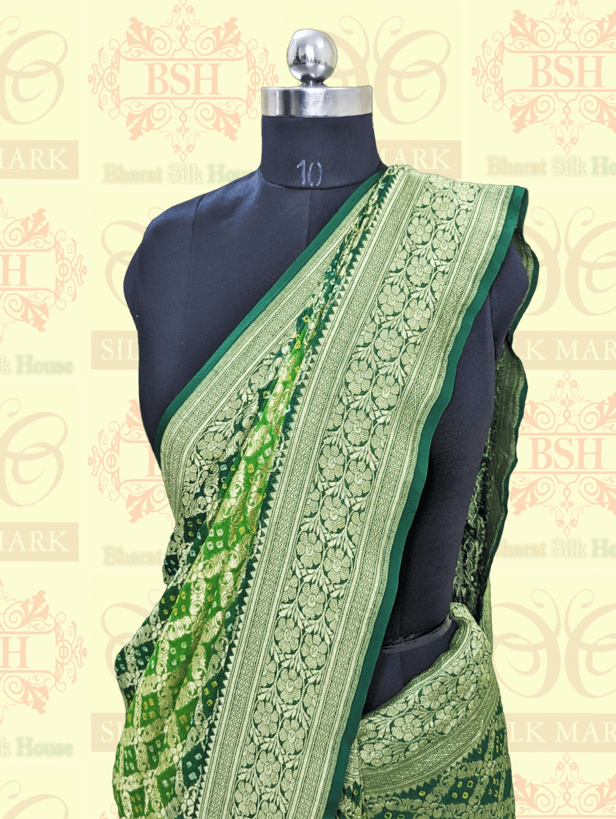 Pure Georgette Banarasi Bandhani Handloom Saree In Dual  Shades Of Green Bandhej Bharat Silk House