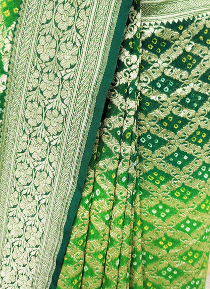 Pure Georgette Banarasi Bandhani Handloom Saree In Dual  Shades Of Green Bandhej Bharat Silk House