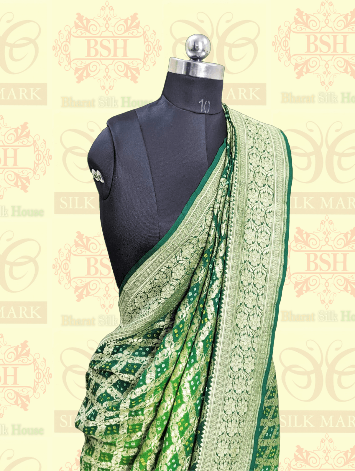 Pure Georgette Banarasi Bandhani Handloom Saree In Dual  Shades Of Green Bandhej Bharat Silk House