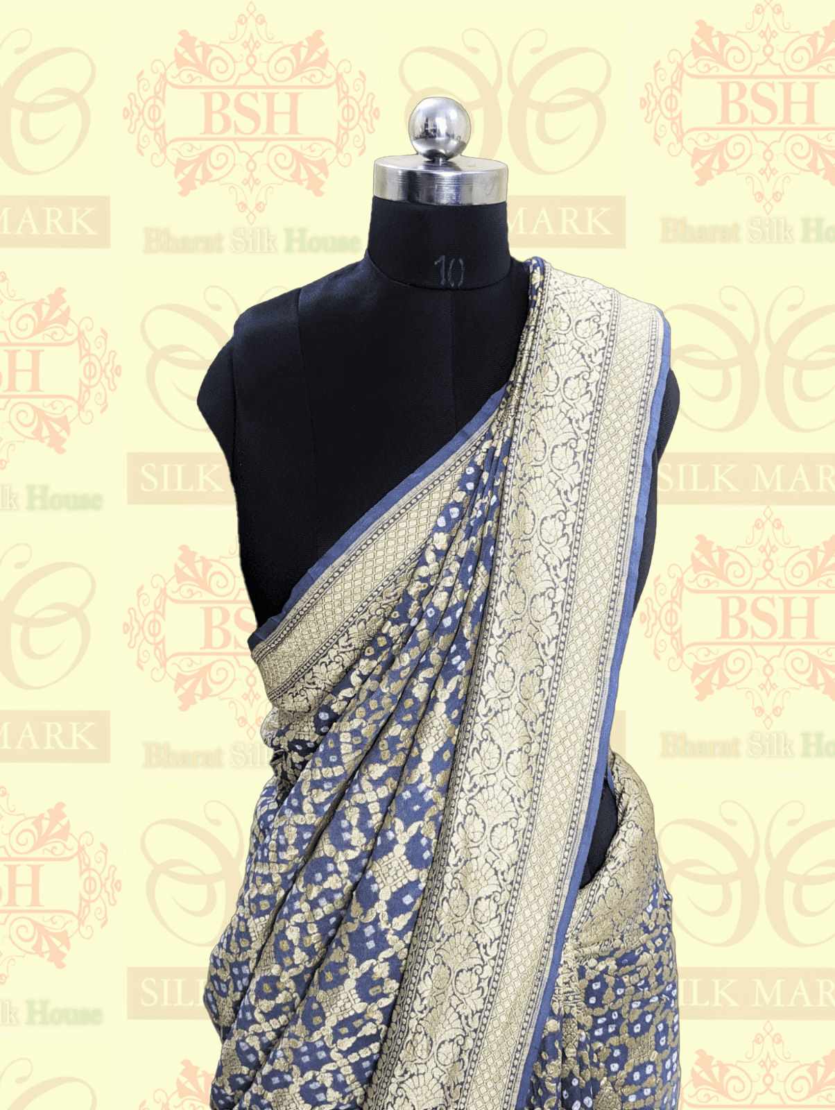 Pure Georgette Banarasi Bandhej Handloom Saree In Dual Shades Of Grey Bandhej Bharat Silk House