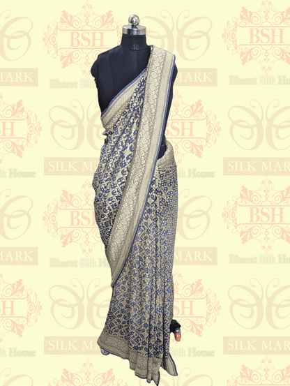 Pure Georgette Banarasi Bandhej Handloom Saree In Dual Shades Of Grey Bandhej Bharat Silk House