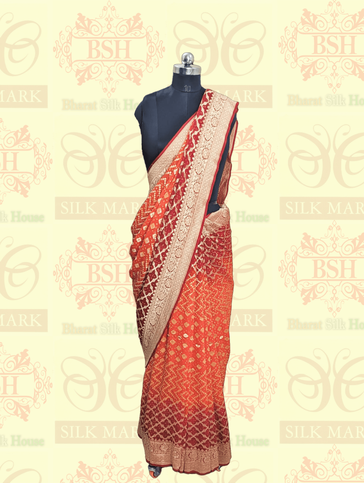 Pure Georgette Banarasi Bandhej Handloom Saree In Dual Shades Of Red & Orange Bandhej Bharat Silk House