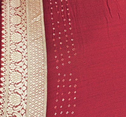 Pure Georgette Banarasi Bandhej Handloom Saree In Dual Shades Of Red & Orange Bandhej Bharat Silk House