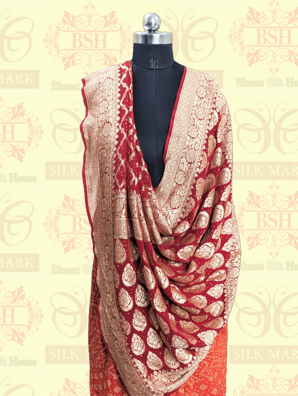 Pure Georgette Banarasi Bandhej Handloom Saree In Dual Shades Of Red & Orange Bandhej Bharat Silk House