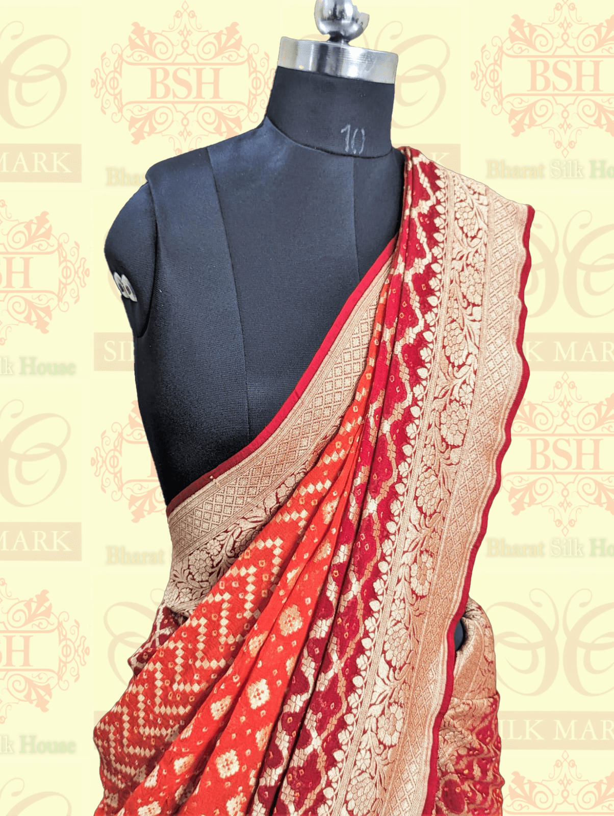 Pure Georgette Banarasi Bandhej Handloom Saree In Dual Shades Of Red & Orange Bandhej Bharat Silk House