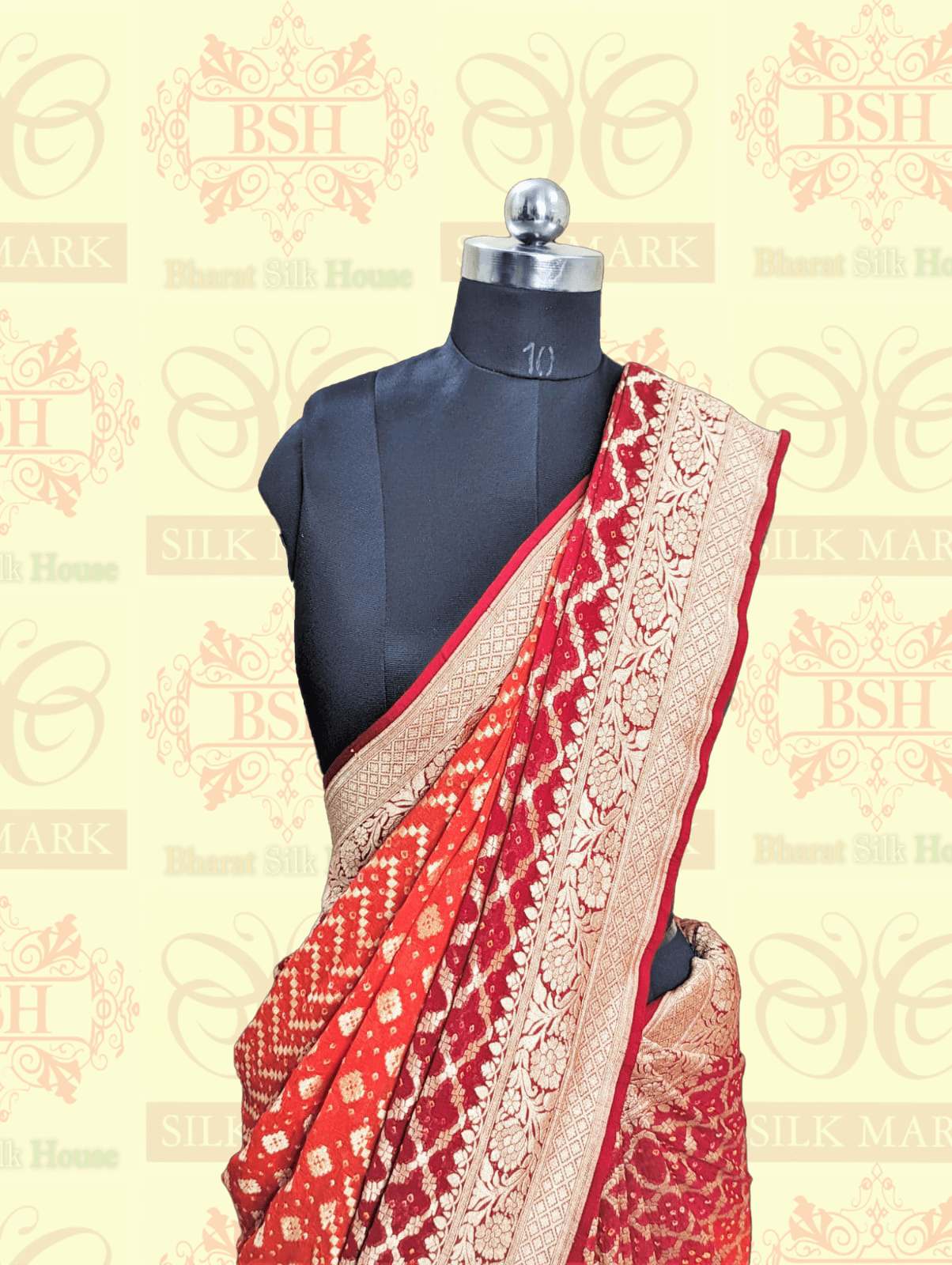 Pure Georgette Banarasi Bandhej Handloom Saree In Dual Shades Of Red & Orange Bandhej Bharat Silk House