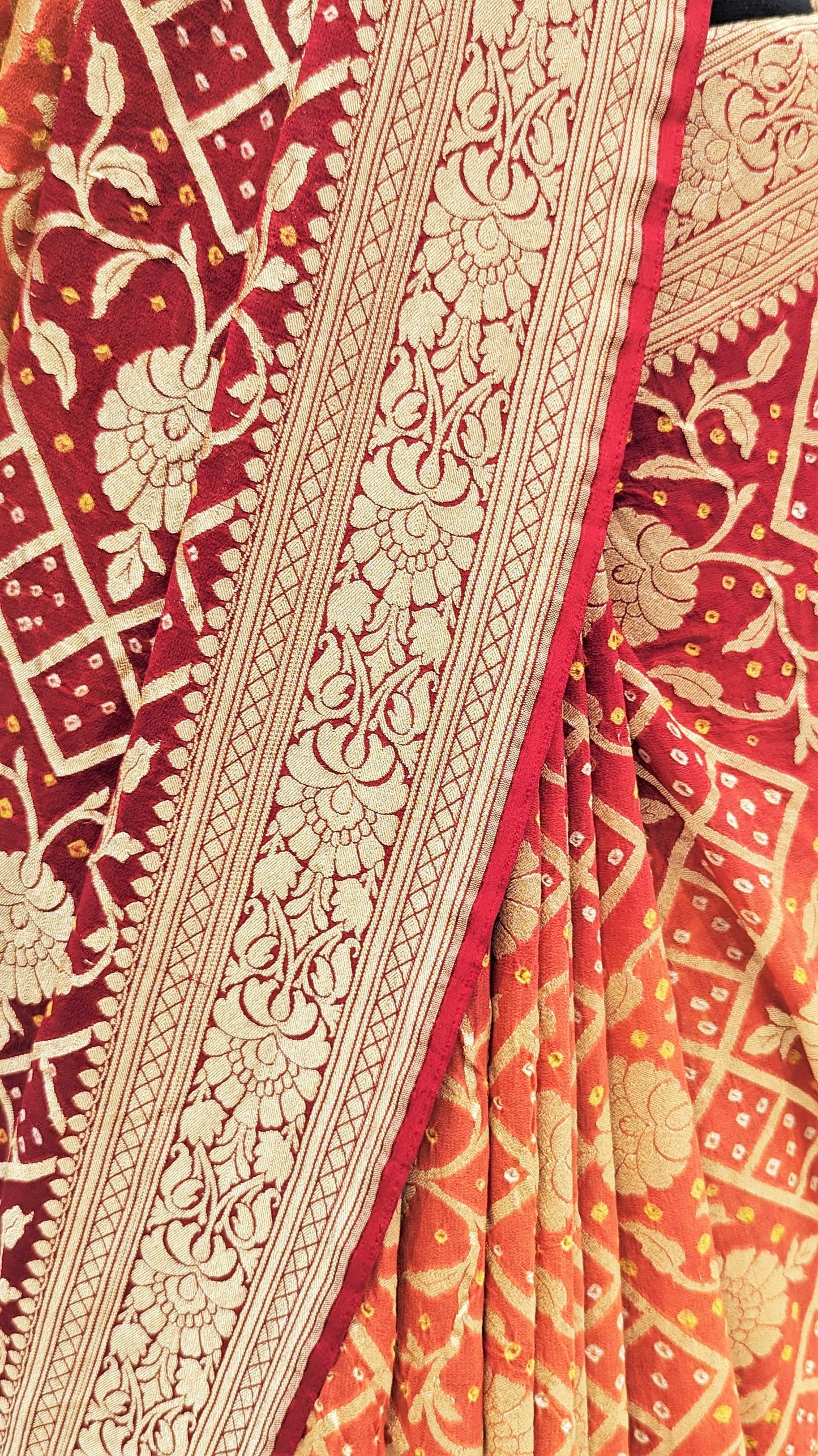 Pure Georgette Banarasi Bandhej Saree In Double Shades Of Red/Orange Bandhej Bharat Silk House