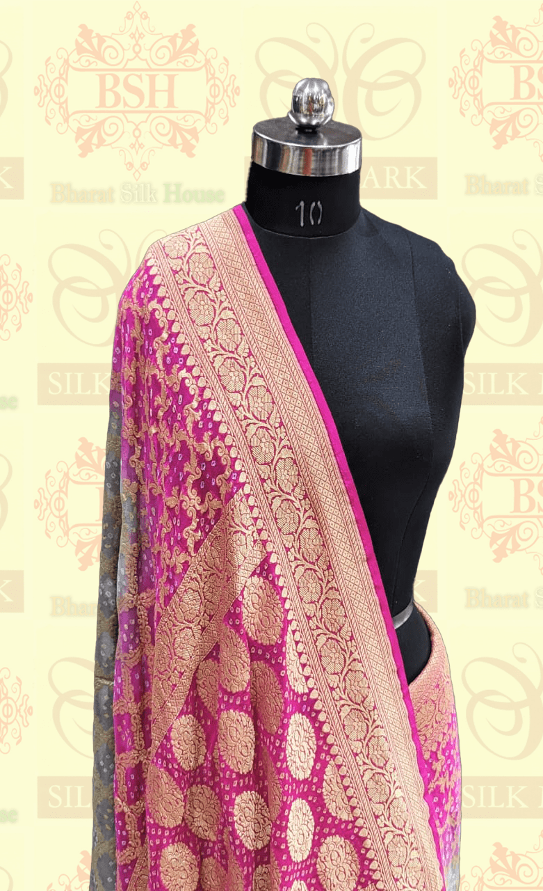 Pure Georgette Banarasi Handloom Bandhej Saree In Dual Shades Of Pink/Grey Bandhej Bharat Silk House