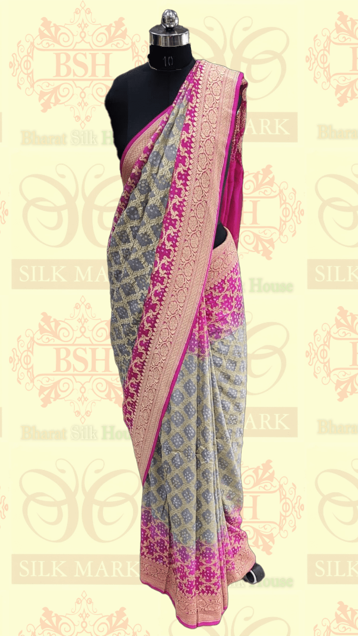 Pure Georgette Banarasi Handloom Bandhej Saree In Dual Shades Of Pink/Grey Bandhej Bharat Silk House