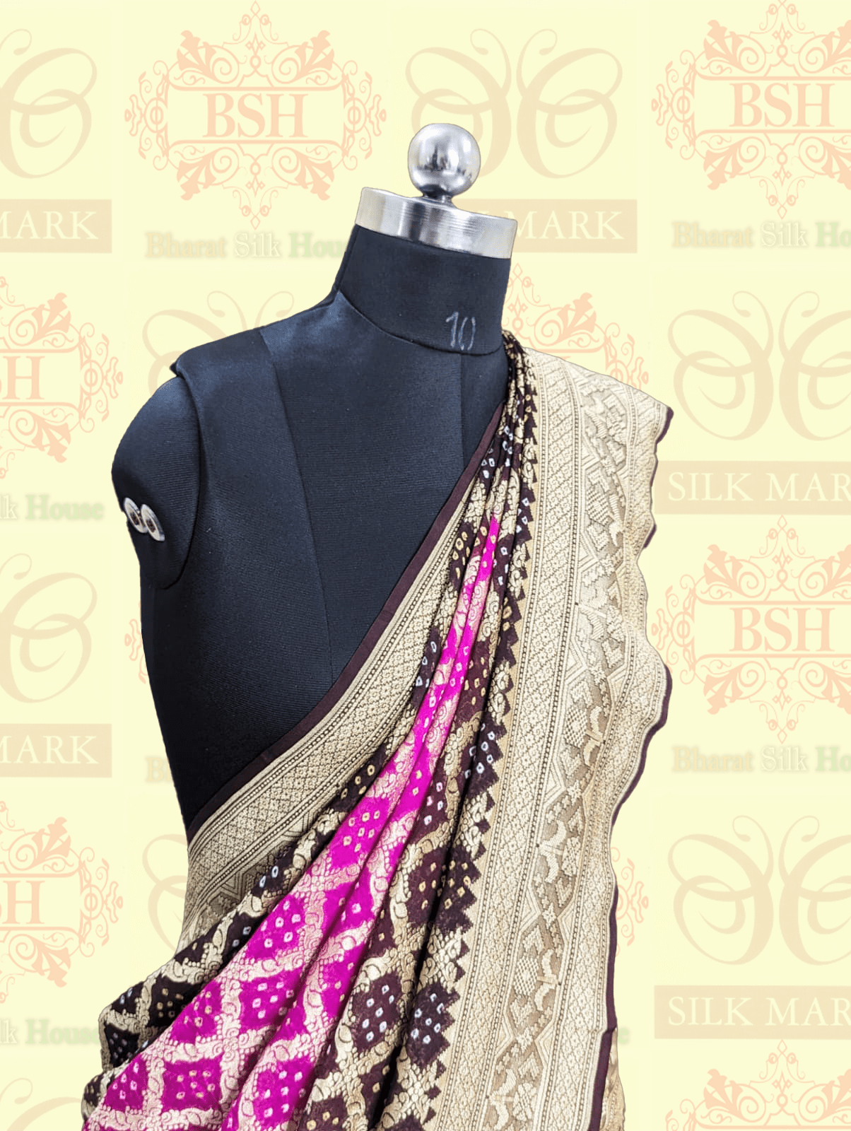 Pure Georgette Banarasi Handloom Bandhej Saree In Dual Shades Of Pink & Hickory Brown Bandhej Bharat Silk House