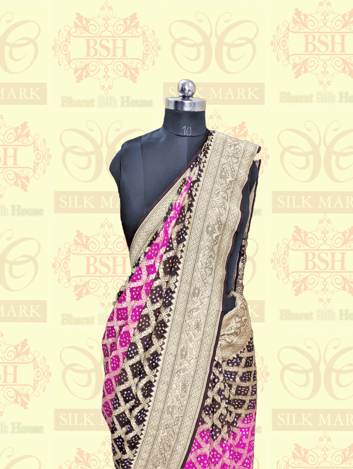 Pure Georgette Banarasi Handloom Bandhej Saree In Dual Shades Of Pink & Hickory Brown Bandhej Bharat Silk House