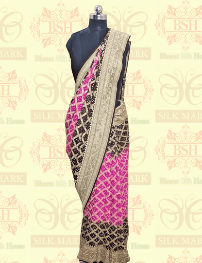 Pure Georgette Banarasi Handloom Bandhej Saree In Dual Shades Of Pink & Hickory Brown Bandhej Bharat Silk House