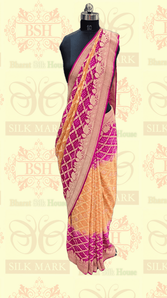 Pure Georgette Banarasi Handloom Bandhej Saree In Dual Shades Of Pink/Yellow Bandhej Bharat Silk House