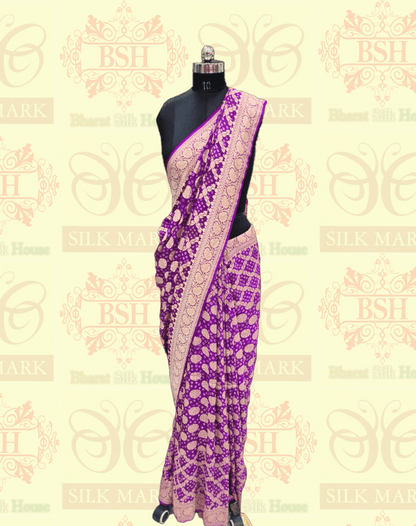 Pure Georgette Bandhani Handloom Saree In Shades Of Purple Bandhej Bharat Silk House