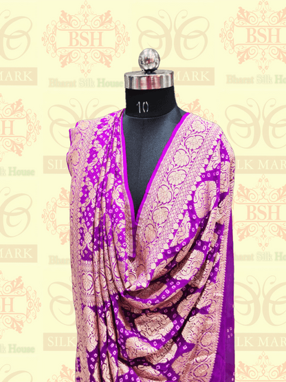 Pure Georgette Bandhani Handloom Saree In Shades Of Purple Bandhej Bharat Silk House