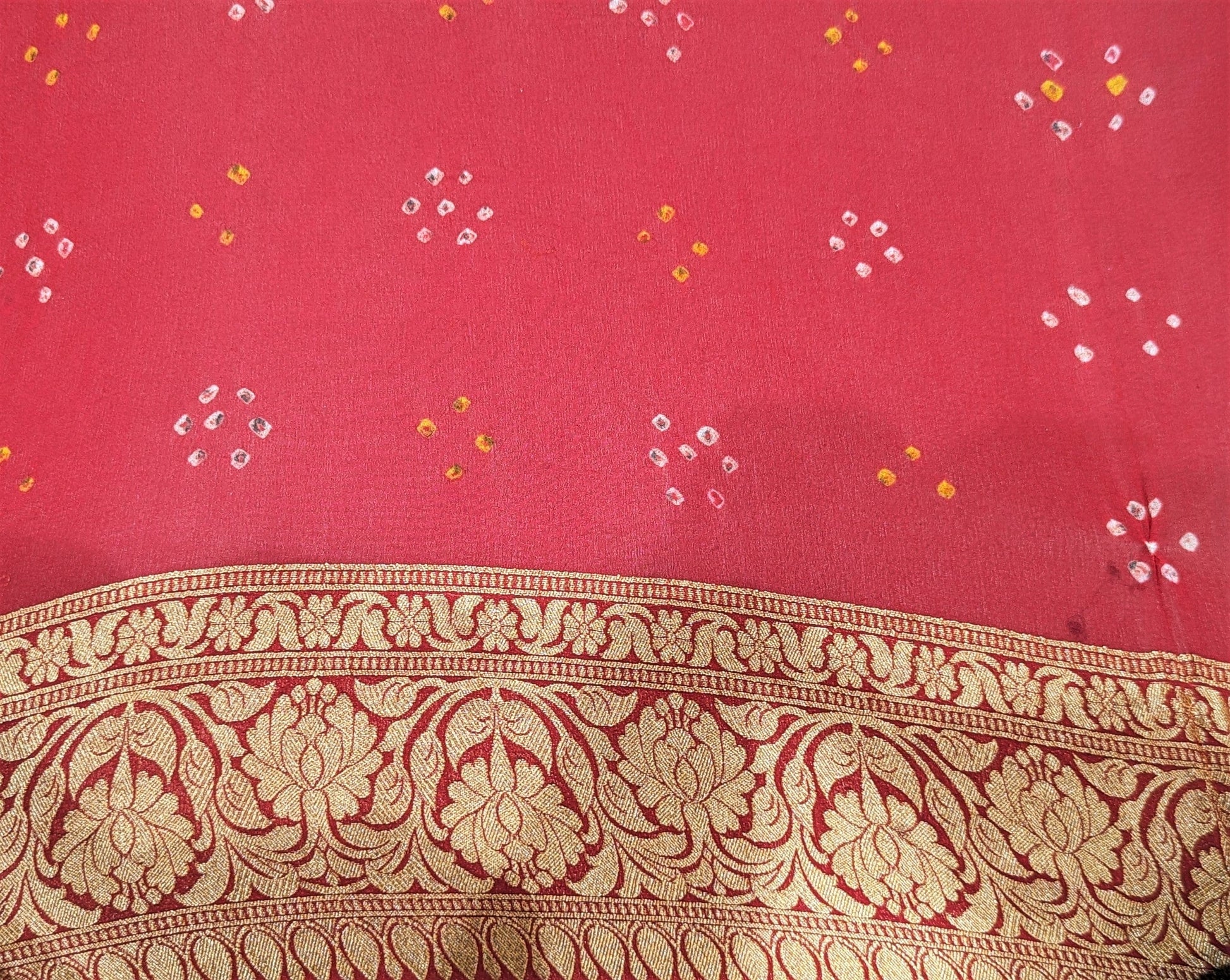 Pure Georgette Bandhani Handloom Saree In Shades Of Red/Orange Bandhej Bharat Silk House