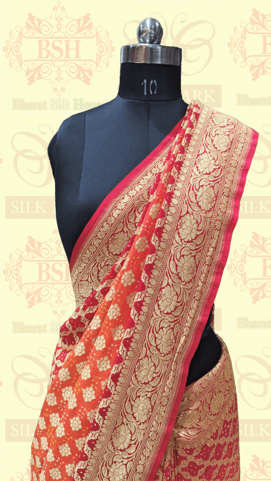 Pure Georgette Bandhani Handloom Saree In Shades Of Red/Orange Bandhej Bharat Silk House