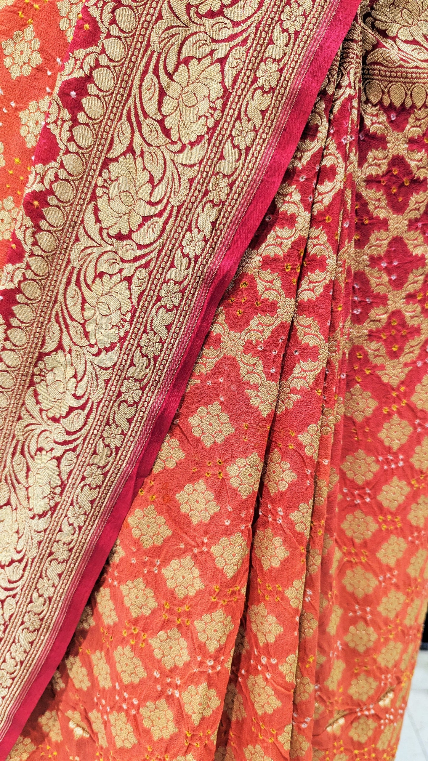 Pure Georgette Bandhani Handloom Saree In Shades Of Red/Orange Bandhej Bharat Silk House