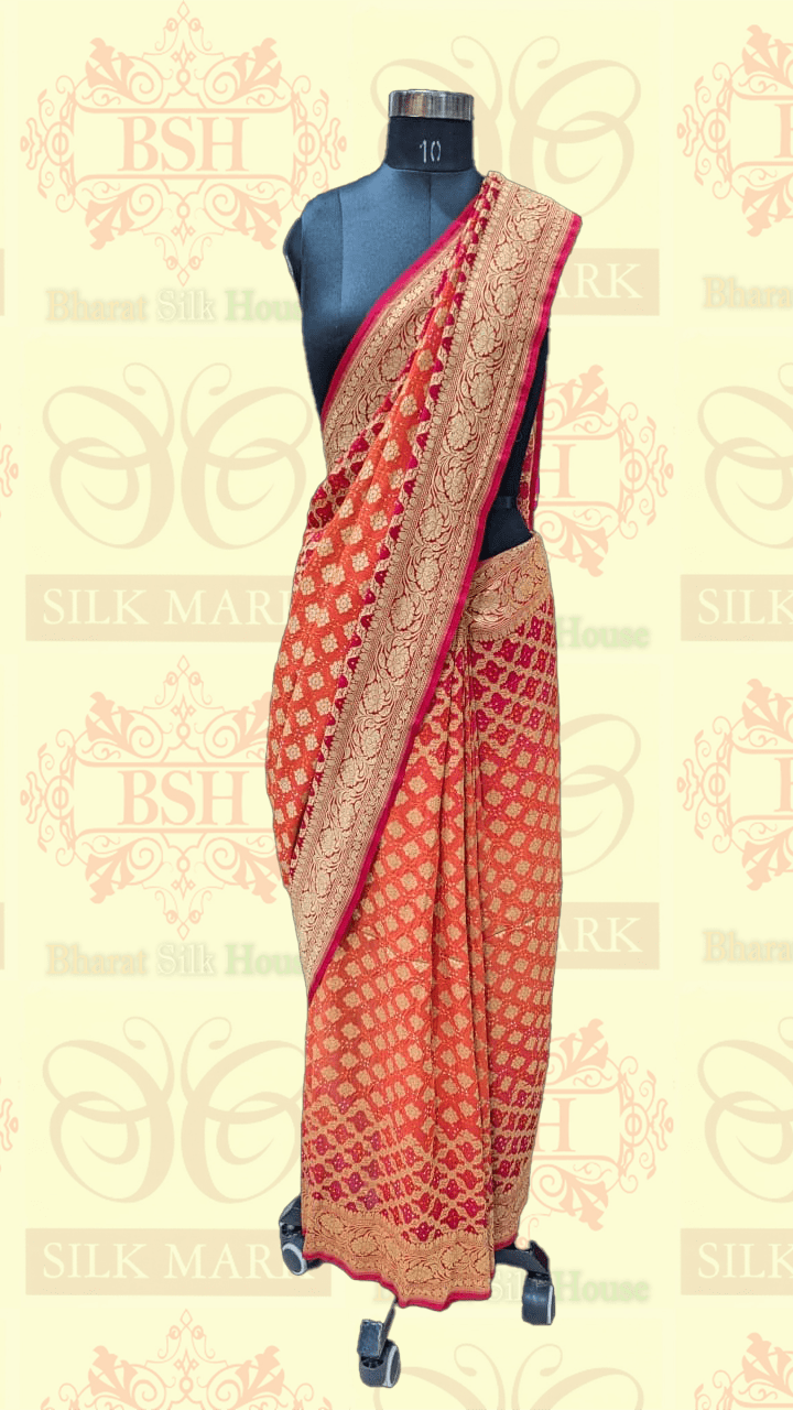 Pure Georgette Bandhani Handloom Saree In Shades Of Red/Orange Bandhej Bharat Silk House