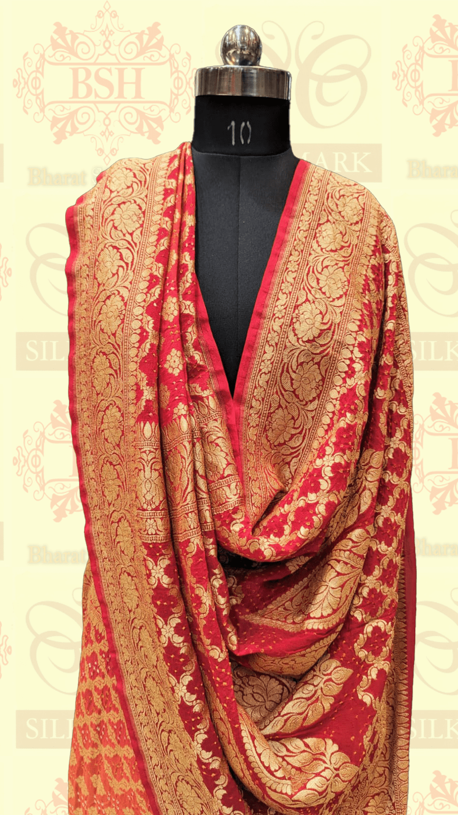 Pure Georgette Bandhani Handloom Saree In Shades Of Red/Orange Bandhej Bharat Silk House