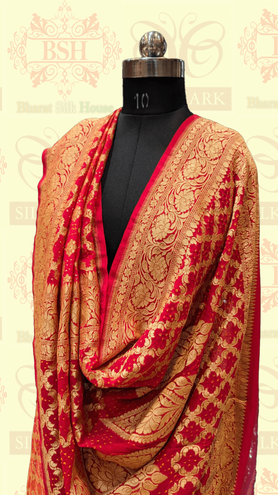 Pure Georgette Bandhani Handloom Saree In Shades Of Red/Orange Bandhej Bharat Silk House