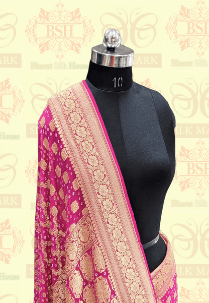 Pure Georgette Bandhej Banarasi Handloom Saree In Shades Of Pink Bandhej Bharat Silk House