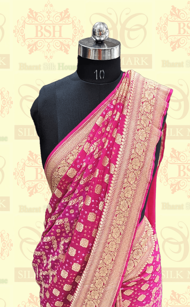 Pure Georgette Bandhej Banarasi Handloom Saree In Shades Of Pink Bandhej Bharat Silk House