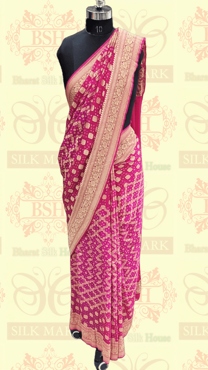 Pure Georgette Bandhej Banarasi Handloom Saree In Shades Of Pink Bandhej Bharat Silk House