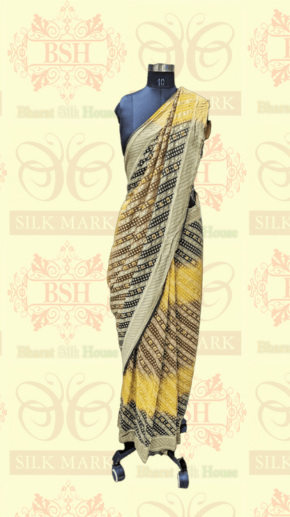 Pure Georgette Bandhej Handloom Banaraasi Saree In Dual Shades Of Mehendi/Mustard Bandhej Bharat Silk House