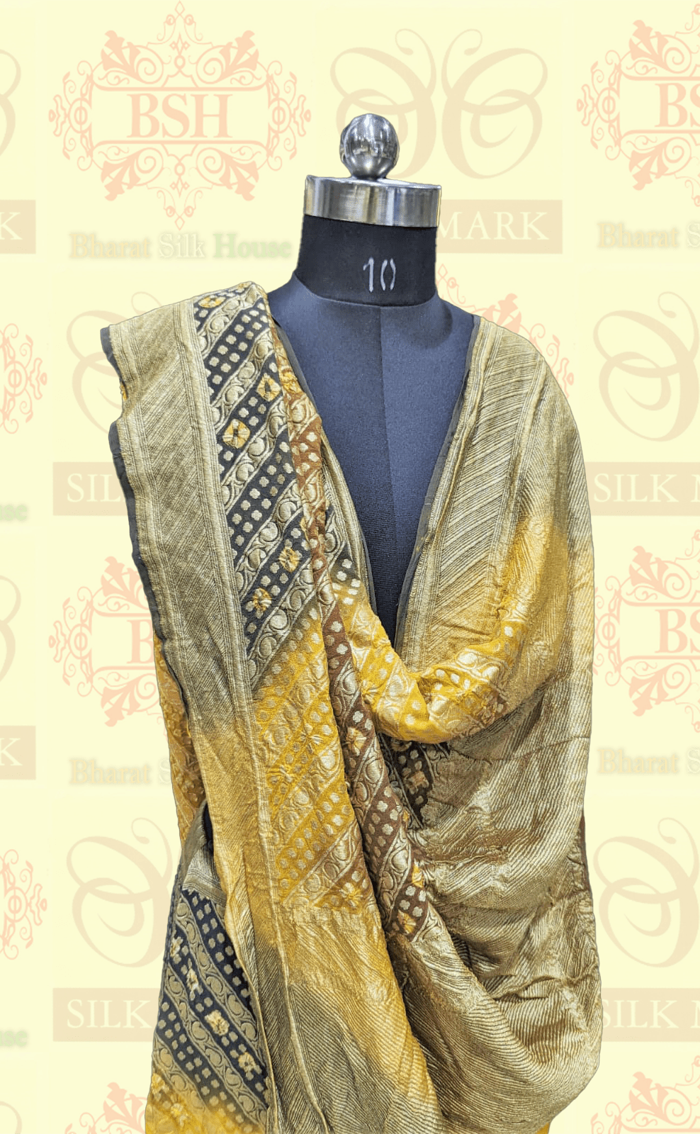 Pure Georgette Bandhej Handloom Banaraasi Saree In Dual Shades Of Mehendi/Mustard Bandhej Bharat Silk House