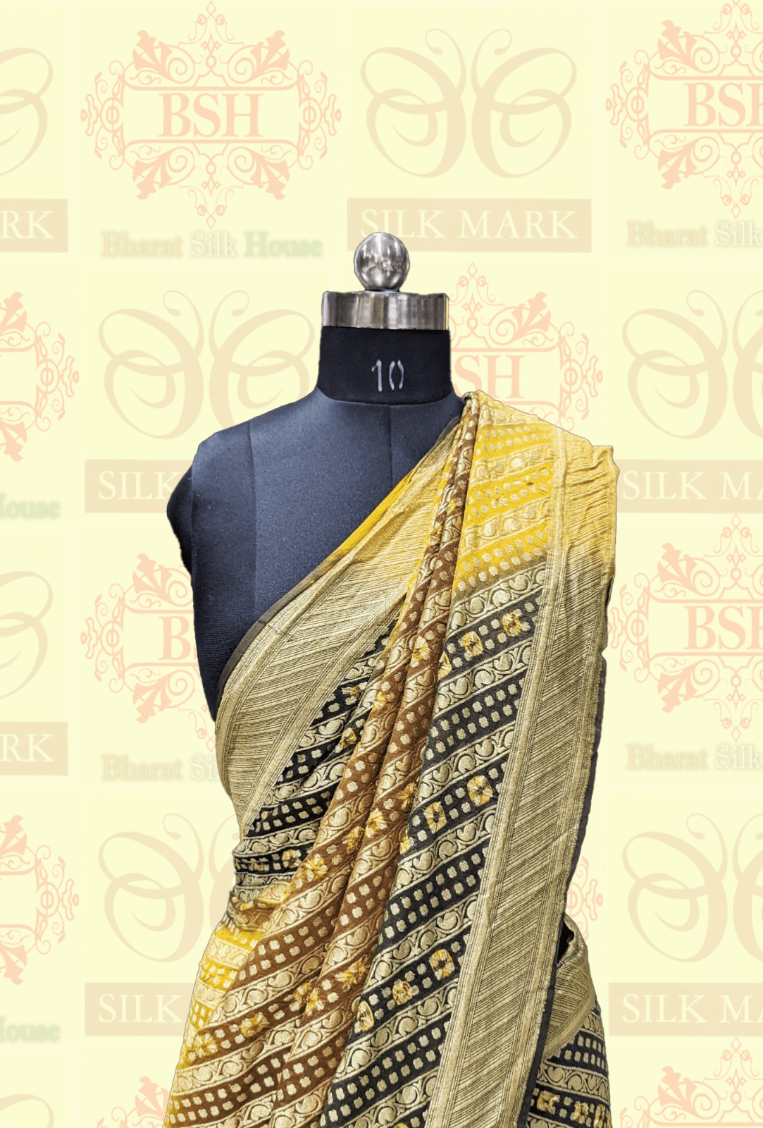 Pure Georgette Bandhej Handloom Banaraasi Saree In Dual Shades Of Mehendi/Mustard Bandhej Bharat Silk House