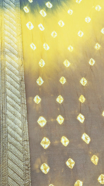 Pure Georgette Bandhej Handloom Banaraasi Saree In Dual Shades Of Mehendi/Mustard Bandhej Bharat Silk House