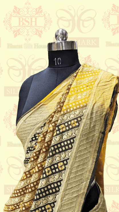 Pure Georgette Bandhej Handloom Banaraasi Saree In Dual Shades Of Mehendi/Mustard Bandhej Bharat Silk House