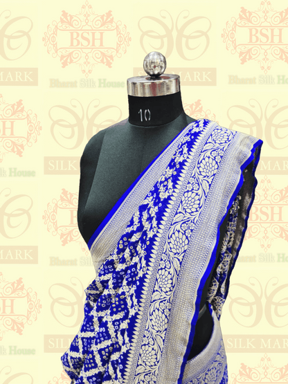 Pure Georgette Bandhej Handloom Banarasi Saree In Shades Of Royal Blue Bandhej Bharat Silk House