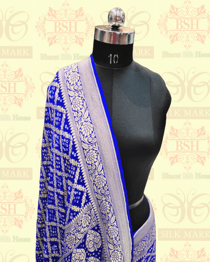 Pure Georgette Bandhej Handloom Banarasi Saree In Shades Of Royal Blue Bandhej Bharat Silk House