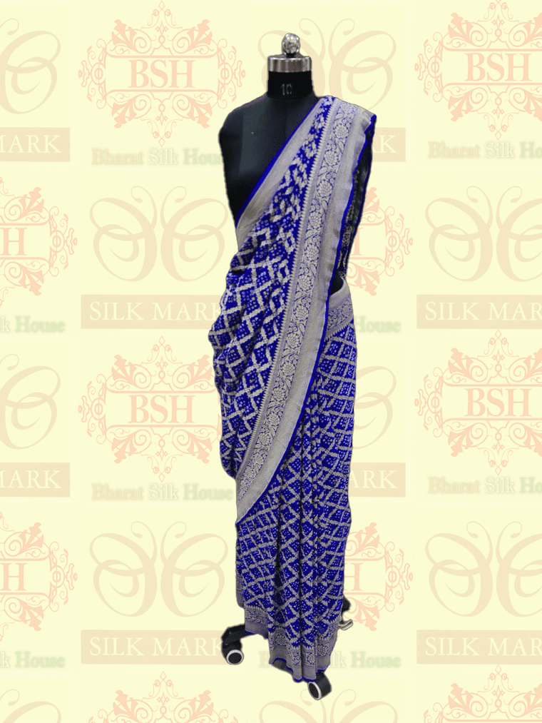 Pure Georgette Bandhej Handloom Banarasi Saree In Shades Of Royal Blue Bandhej Bharat Silk House