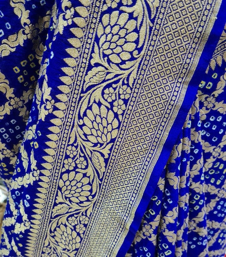 Pure Georgette Bandhej Handloom Banarasi Saree In Shades Of Royal Blue Bandhej Bharat Silk House