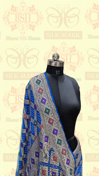 Pure Georgette Bandhej Meenakari Handloom Saree In Shades Of Royal & Celeste Bandhej Bharat Silk House