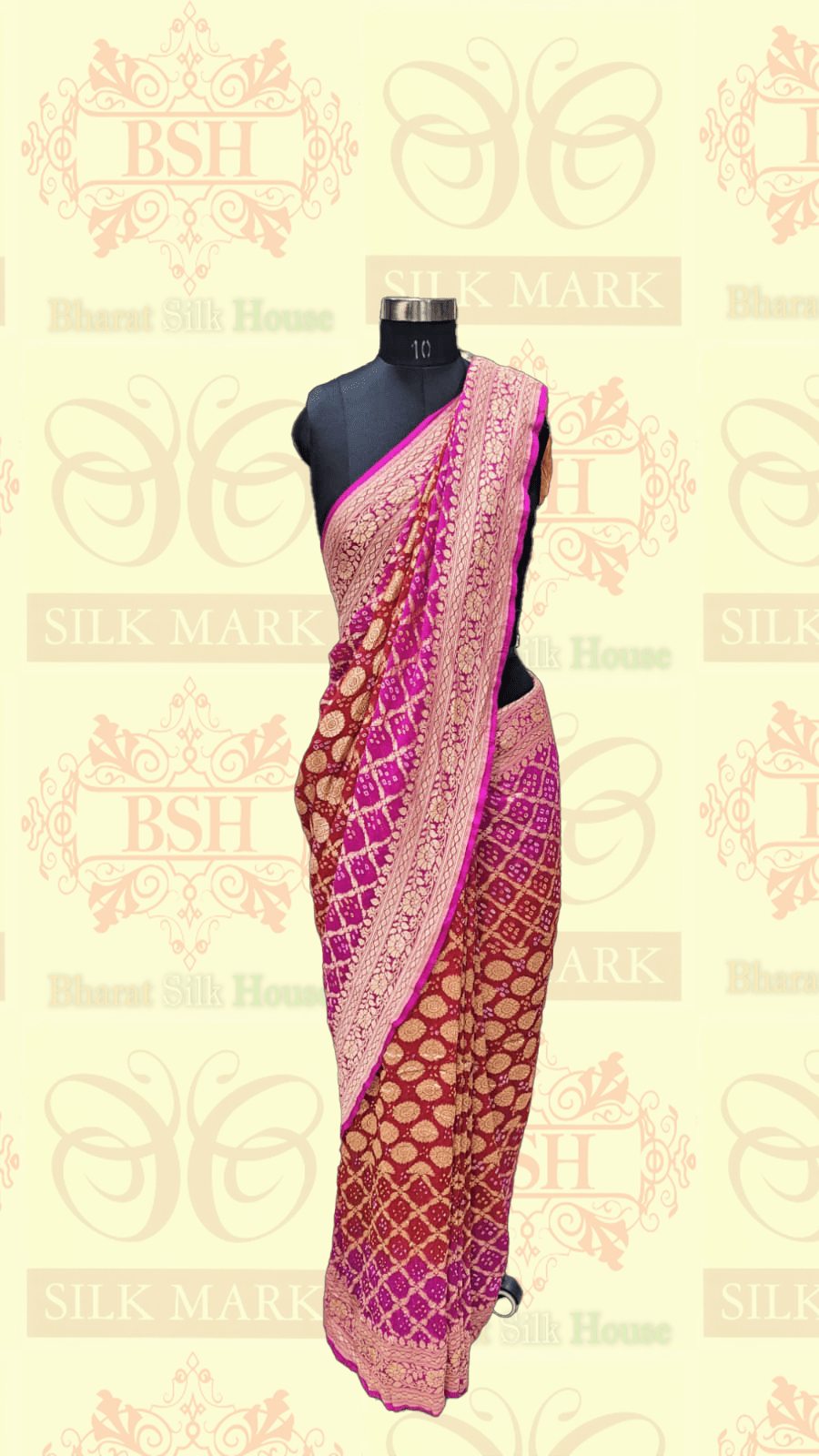 Pure Georgette Handloom Banarasi Bandhej Saaree In Dual Shades Of Red/Pink Bandhej Bharat Silk House