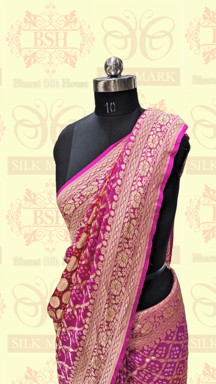 Pure Georgette Handloom Banarasi Bandhej Saaree In Dual Shades Of Red/Pink Bandhej Bharat Silk House