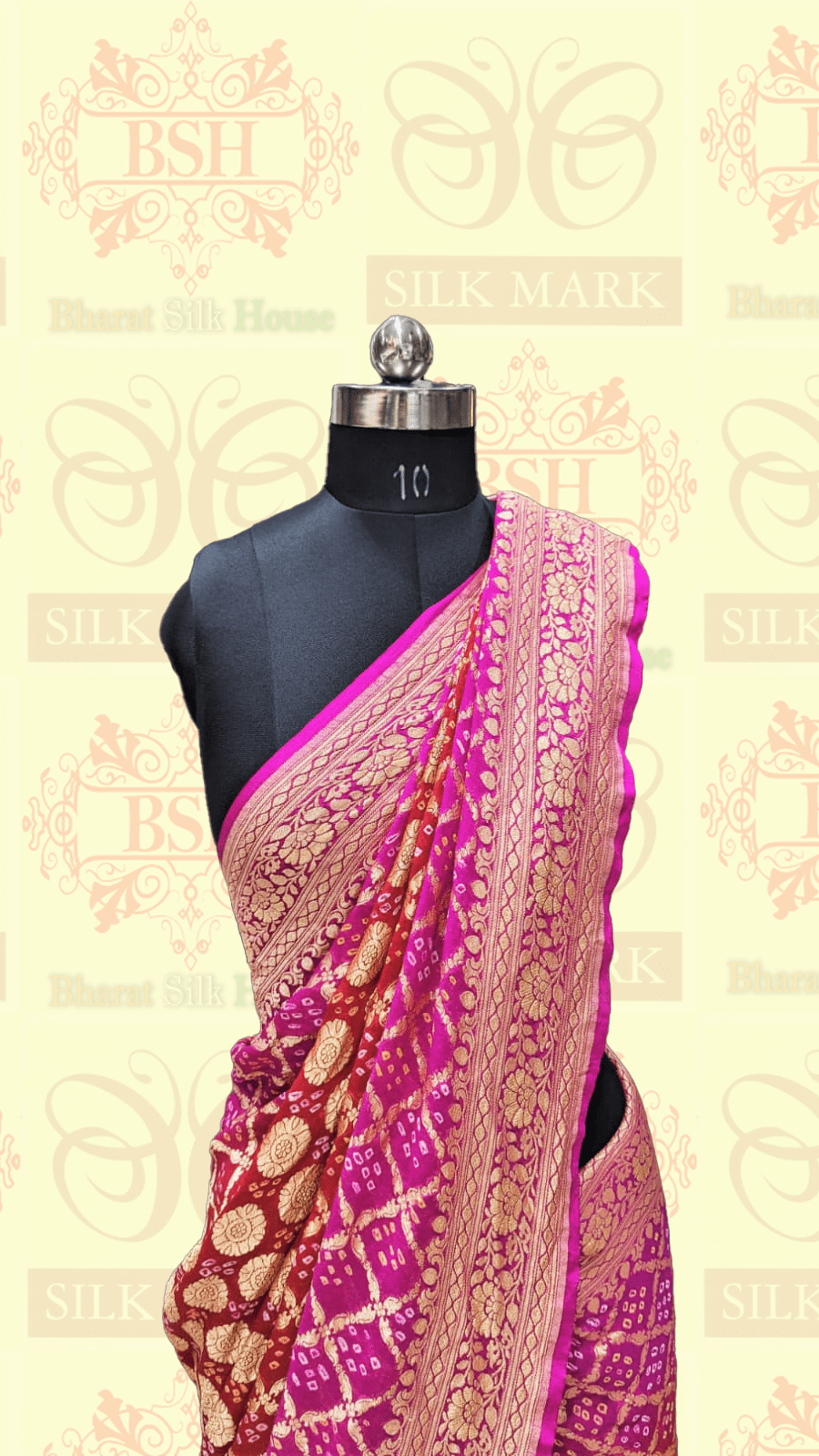 Pure Georgette Handloom Banarasi Bandhej Saaree In Dual Shades Of Red/Pink Bandhej Bharat Silk House